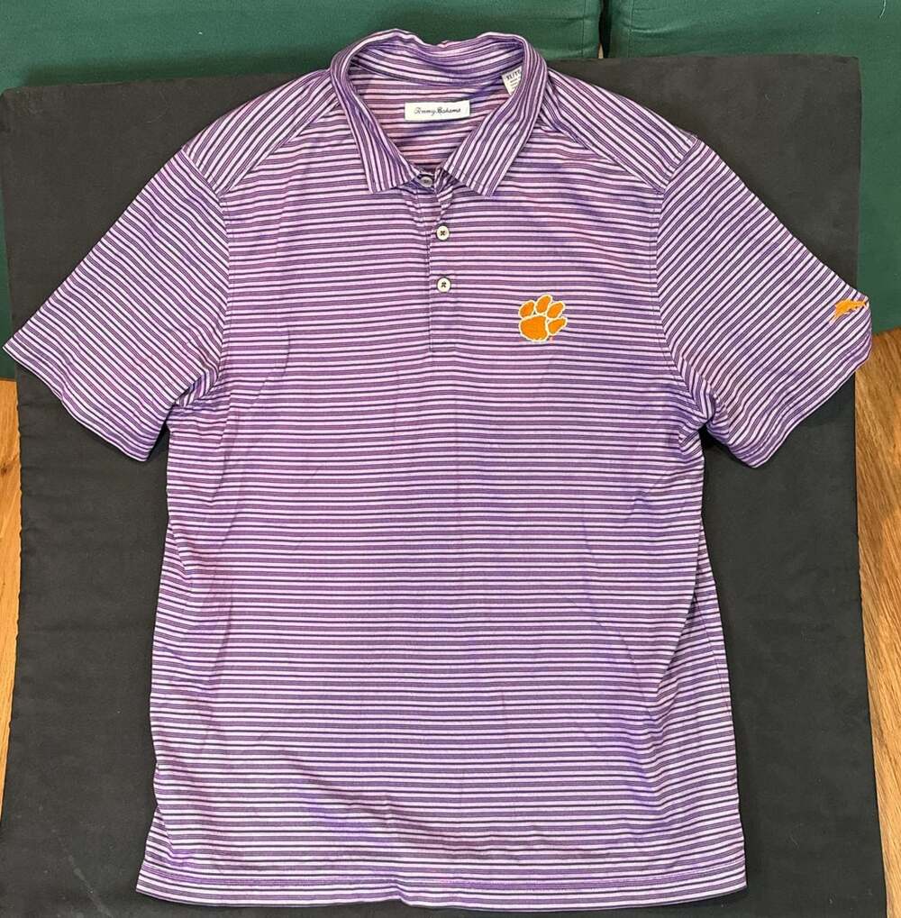 Tommy Bahama Clemson Tigers Polo Size XL Purple Striped Golf Shirt